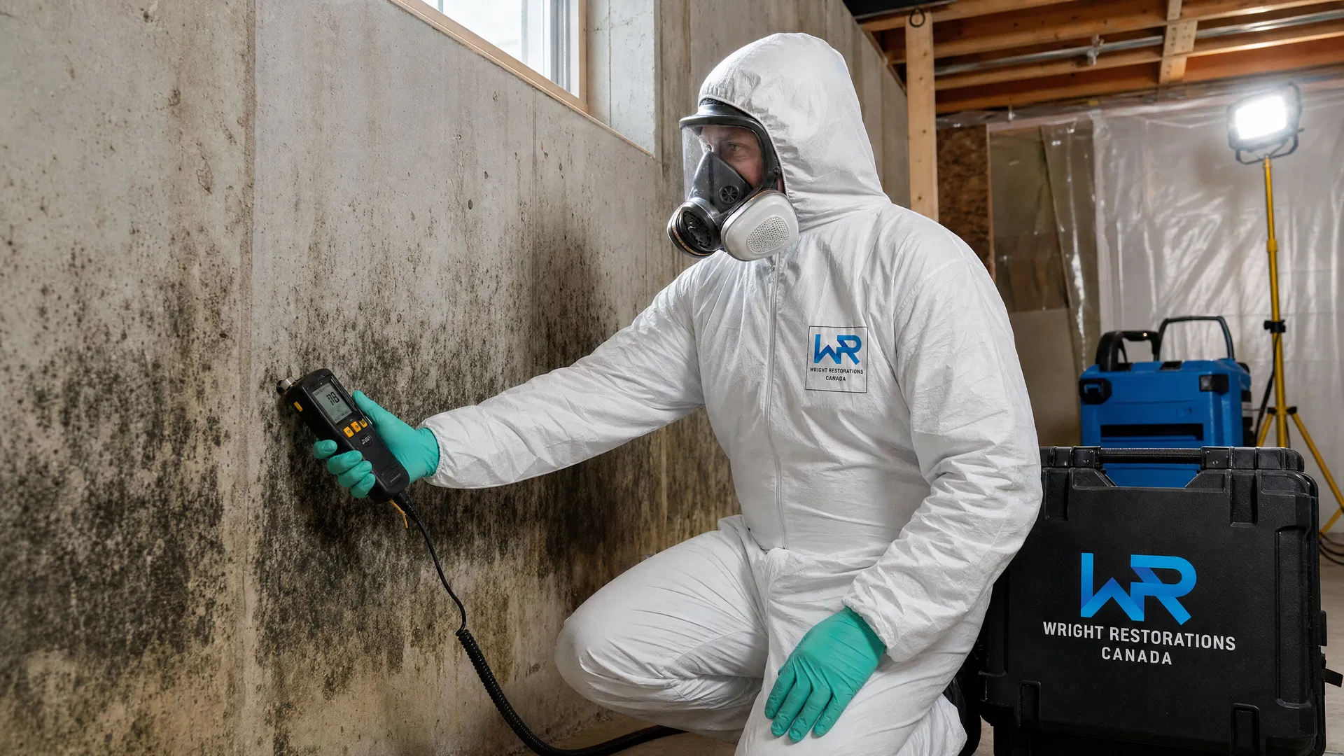 IICRC-certified mold remediation technician setting up containment in a Toronto home